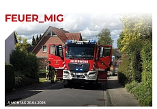 20260420_Feuer_MIG.jpeg Das Hilfeleistungslöschfahrzeug der Feuerwehr Schöppingen steht mit angeschaltetem Blaulicht auf einer Straße. Aufgenommen beim Einsatz "Feuer_MIG" vom 20.04.2026